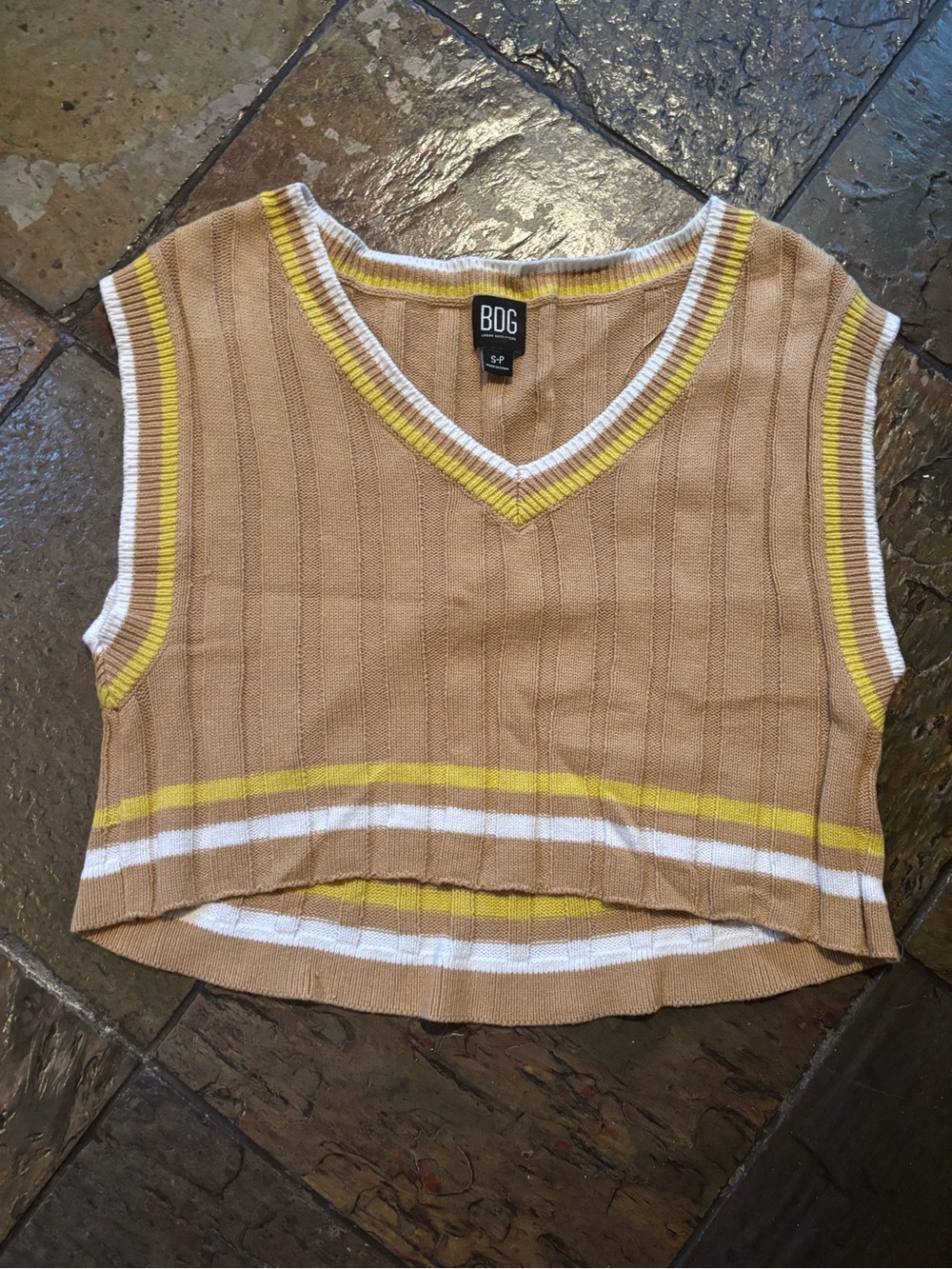BDG Rori Boxy Cropped V-Neck Knit Vest in Tan with Yellow & White Stripes